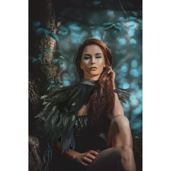 Women Feather Cape Shawl Costume Black Witch Wings Collar Adult Crow Neck - Picture 2 of 8